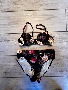 Newport News Black Floral Bikini with Pink and Cream Blooms